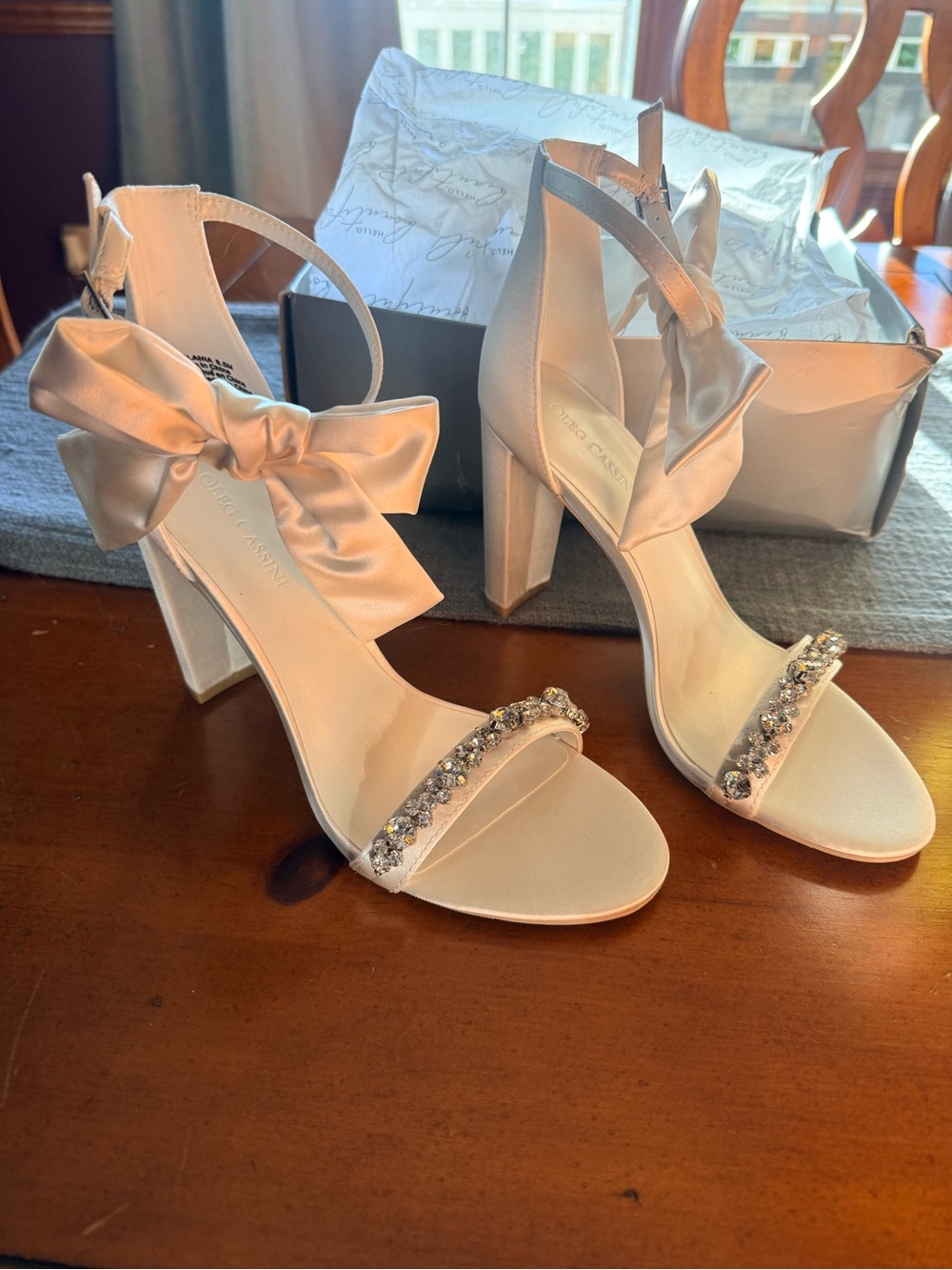 Oleg Cassini Ivory Satin Block Heel Sandals with Bow and Crystal Strap